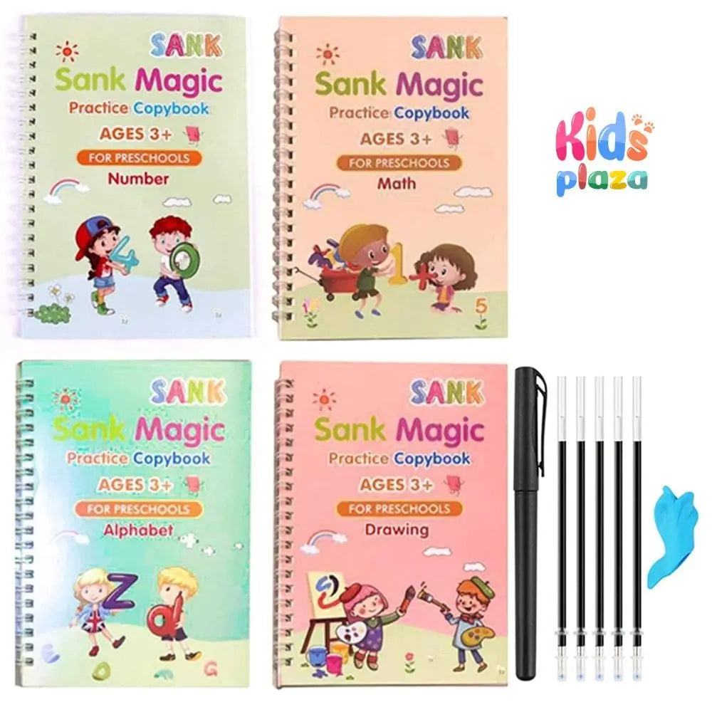 Sank Magic Practice Copybook with 1 Pen 5 refills+ 1 pen case,4 pcs Reusable Handwriting Alphabet Number Math Drawing Tracing Book