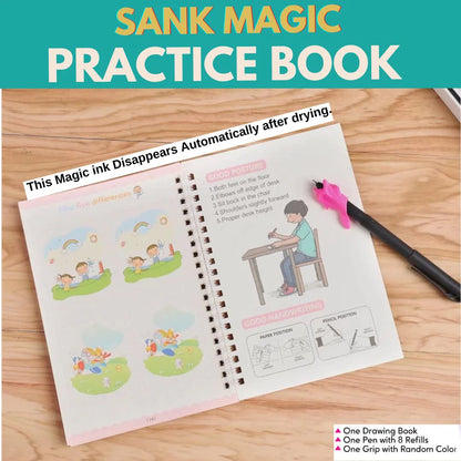 Sank Magic Practice Copybook with 1 Pen 5 refills+ 1 pen case,4 pcs Reusable Handwriting Alphabet Number Math Drawing Tracing Book
