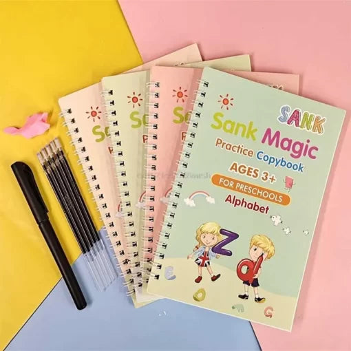 Sank Magic Practice Copybook with 1 Pen 5 refills+ 1 pen case,4 pcs Reusable Handwriting Alphabet Number Math Drawing Tracing Book