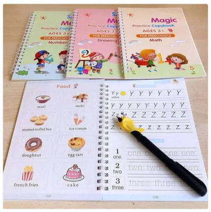 Sank Magic Practice Copybook with 1 Pen 5 refills+ 1 pen case,4 pcs Reusable Handwriting Alphabet Number Math Drawing Tracing Book
